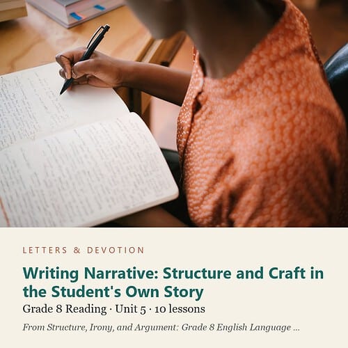 letters-devotion-g8_structure_irony_and_argument_grade_8_english_language_arts-reading-u5.jpg Writing Narrative: Structure and Craft in the Student's Own Story: Reading Unit 5, Grade 8 (Letters & Devotion)