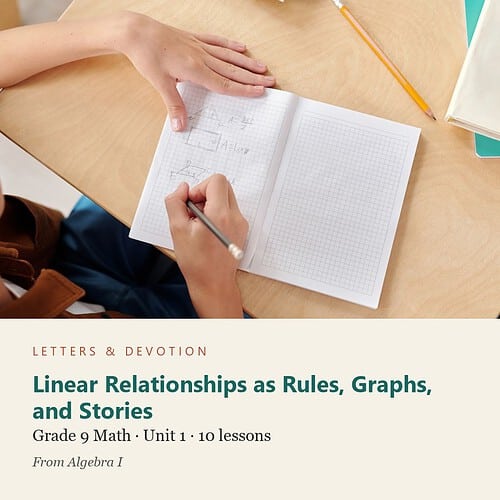 letters-devotion-g9_algebra_i-math-u1.jpg Linear Relationships as Rules, Graphs, and Stories: Math Unit 1, Grade 9 (Letters & Devotion)