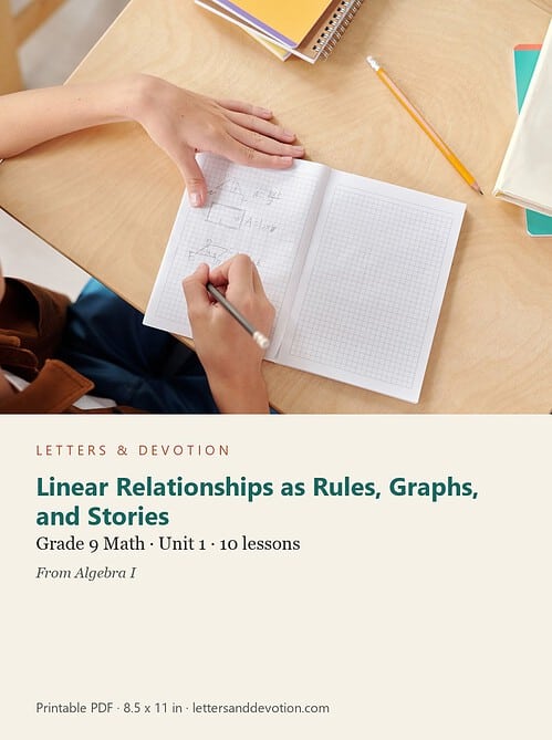 letters-devotion-g9_algebra_i-math-u1.jpg Linear Relationships as Rules, Graphs, and Stories: Math Unit 1, Grade 9 (Letters & Devotion)