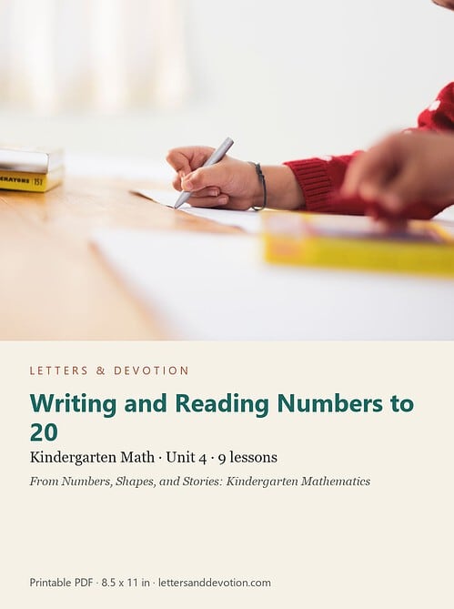 letters-devotion-gk_numbers_shapes_and_stories_kindergarten_mathematics-math-u4.jpg Child writing numbers to 20 during homeschooling math lesson with educational materials on a desk.