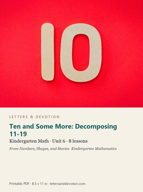 letters-devotion-gk_numbers_shapes_and_stories_kindergarten_mathematics-math-u6.jpg Educational book cover featuring the number 10 for kindergarten math lessons on decomposing numbers 11-19.