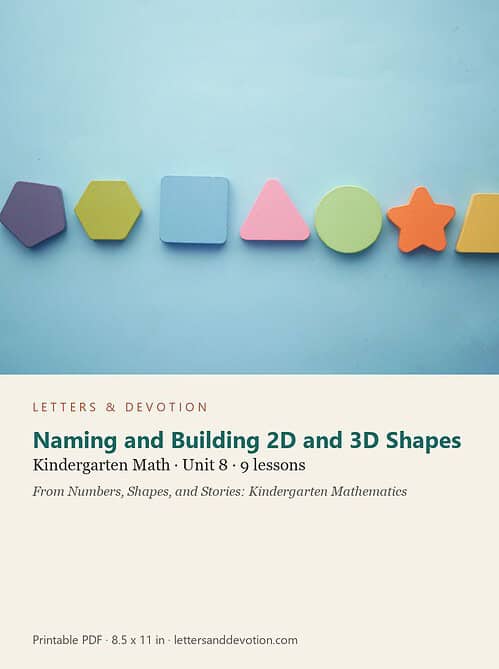 letters-devotion-gk_numbers_shapes_and_stories_kindergarten_mathematics-math-u8.jpg Colorful 2D and 3D geometric shapes for kindergarten math learning, including hexagon, square, triangle, circle, star, and trapezoid, on a light blue background.