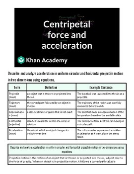 Diagram illustrating centripetal force and acceleration in uniform circular motion with Khan Academy logo.