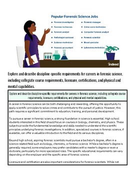 Forensic science career options and requirements infographic with a woman scientist in a lab coat.