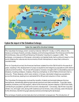 Map illustrating the impact of the Columbian Exchange on Europe, Africa, and the Americas with icons of animals, plants, and ships.