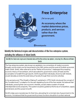 Illustration of a globe and a computer with a dollar sign, representing free enterprise and market economy concepts.