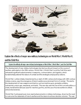 Illustration of major new military technologies used in World War I, World War II, and the Cold War, including tanks, aircraft, and helicopters.