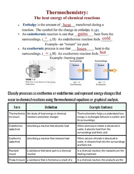 Thermochemistry diagram illustrating exothermic and endothermic reactions with heat flow and energy changes.