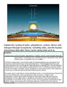 Diagram illustrating the water cycle, including evaporation, condensation, precipitation, and collection, with labels for water, atmosphere, and Earth's surface.