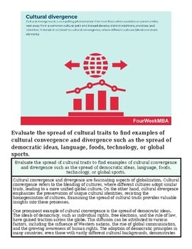 Cultural convergence and divergence infographic with a globe, arrows, and bar chart, illustrating cultural traits spread and blending.
