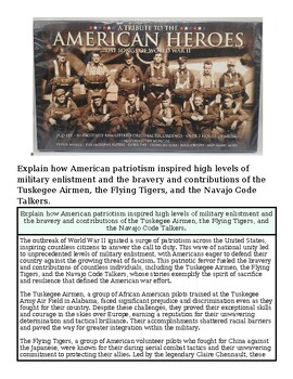 American patriots tribute poster featuring Tuskgee Airmen, Flying Tigers, and Navajo Code Talkers, honoring their military service and contributions.