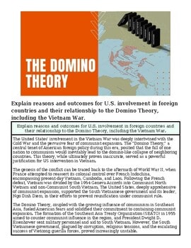 The Domino Theory concept illustration with dominoes falling over a map of the world, symbolizing geopolitical influence and military strategy.