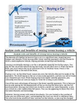 Comparison infographic of leasing versus buying a car, highlighting costs, benefits, and key differences for decision-making.