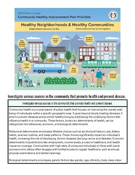 Community health and wellness initiatives in a cityscape with healthcare facilities, transportation, and diverse residents promoting healthy neighborhoods.