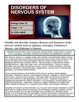 Diagram illustrating disorders of the nervous system, including Parkinson's and Alzheimer's diseases, with labels and descriptions.