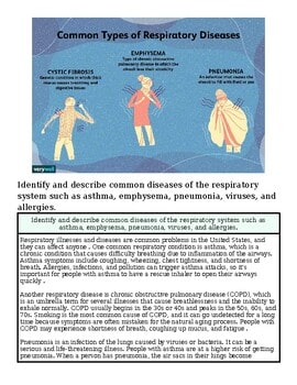 Illustration of common respiratory diseases including emphysema, asthma, pneumonia, and allergies with descriptive icons.