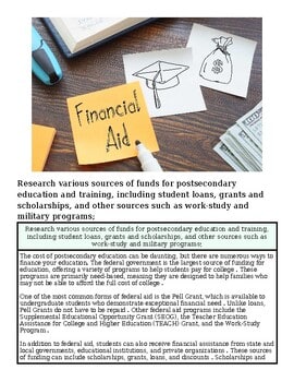 Educational materials including a 'Financial Aid' note, graduation cap drawing, and money on a wooden desk for homeschooling or academic planning.