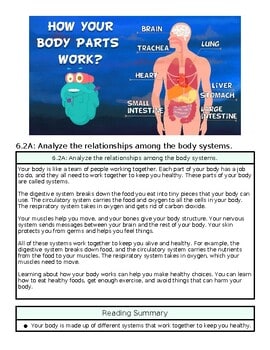 Diagram illustrating how different body parts like brain, heart, lungs, and liver work together in the body.