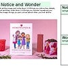 Notice and Wonder activity setup with a pink background, featuring a Menstrupedia poster and colorful baskets for children.