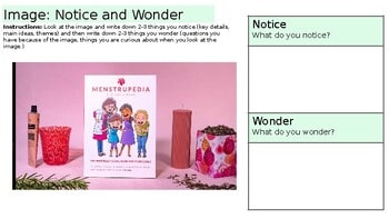 Notice and Wonder activity setup with a pink background, featuring a Menstrupedia poster and colorful baskets for children.