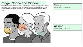 Three diverse children wearing face masks, looking at a book with wonder and curiosity.