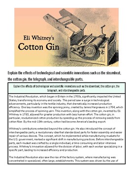Eli Whitney's Cotton Gin illustration showing the steam engine and mechanical parts.