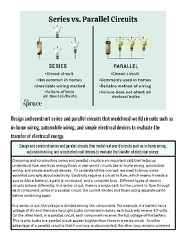 Diagram comparing series and parallel circuits, showing differences in current flow and circuit behavior.