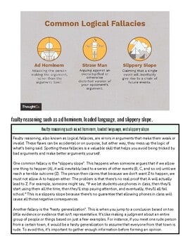 Infographic on common logical fallacies including Ad Hominem, Straw Man, and Slippery Slope with descriptions.