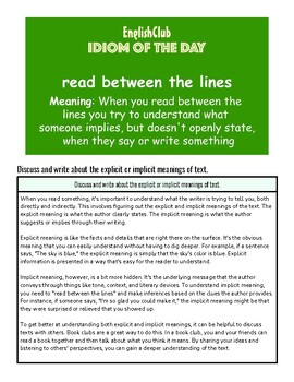 Homeschool Resource Co. educational image featuring English idiom 'read between the lines' with a green background and white text.