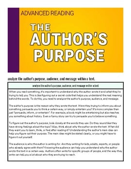 Book cover titled 'The Author's Purpose' with yellow and purple design for advanced reading skills.