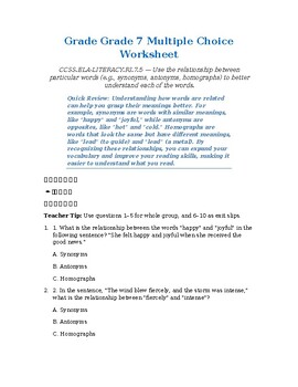 Homeschool Resource Co. educational worksheet for grade 7 students focusing on multiple choice questions about the relationship between 'happy' and 'happy' in context.