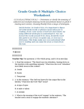 Homeschool Resource Co. educational worksheet for grade 6 multiple choice questions on reading comprehension and vocabulary.