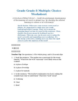 Grade 8 ELA Word Meaning Verification | In-Context & | Multiple Choice Worksheet