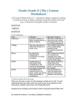Homeschool Resource Co. educational worksheet for grade 6 Ela lessons, featuring vocabulary, character analysis, and story comprehension activities.