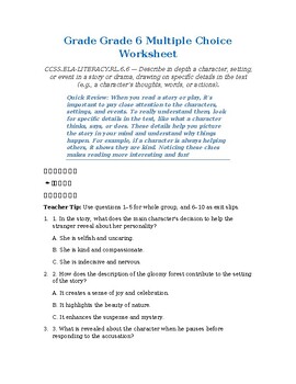 Homeschool Resource Co. educational worksheet for grade 6 students with multiple choice questions on character setting and story elements.