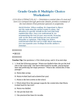 original-14133942-1.jpg Grade 8 ELA Central Idea & Text Summary | Test Prep | Multiple Choice Worksheet