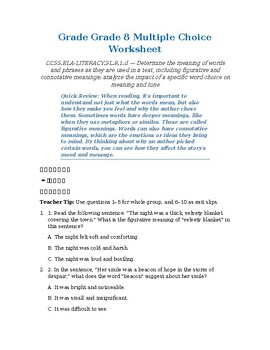 Grade 8 ELA Vocabulary & Tone Analysis | Word | Multiple Choice Worksheet