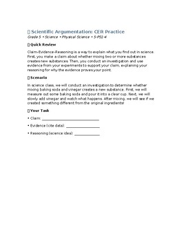 Homeschool Resource Co. educational materials for science and science practice, featuring a scientific argumentation worksheet for grade 5.
