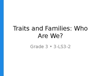 Educational slide titled 'Traits and Families: Who Are We?' for Grade 3, focusing on traits and family concepts.