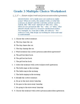 Homeschool Resource Co. Grade 3 multiple choice worksheet for English language arts with questions on sentence structure and punctuation.