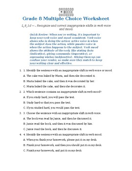 Homeschool Resource Co. Grade 8 Multiple Choice Worksheet for English Language Arts with questions and answer options.
