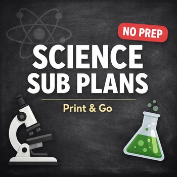 original-15109337-1.jpg Science sub plans printable and ready to go for homeschooling, featuring a microscope and a laboratory flask on a chalkboard background.