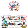 Certificate of Completion America Certificate of Completion for Mini Art Adventures America certificate featuring Statue of Liberty, Route 66 emblem, American imagery and fireworks for homeschool art project.