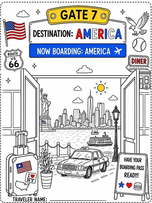 Gate 7 Destination: America Illustration of a travel scene at Gate 7 with a taxi, New York skyline, American flags, Route 66 sign, and a boarding pass sign.