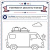 Decorate Travel Van image A line drawing of a travel van with luggage on the roof, ready to be colored and customized for a homeschooling travel project.
