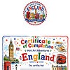 Certificate of Completion - England Certificate of Completion for Mini Art Adventures England with colorful illustrations of Big Ben, a red British bus, tea cup, and landmarks.