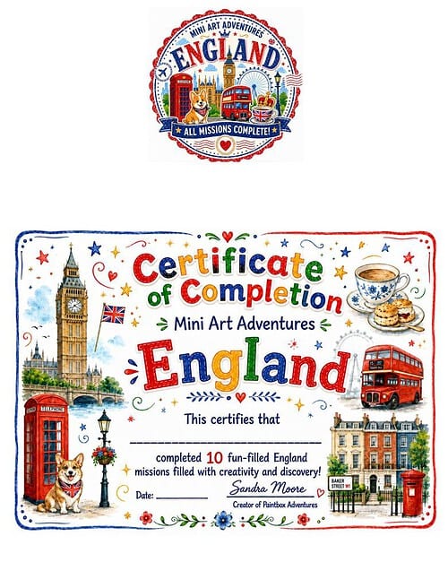 Certificate of Completion - England Certificate of Completion for Mini Art Adventures England with colorful illustrations of Big Ben, a red British bus, tea cup, and landmarks.