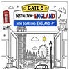 Gate 8: England Destination Illustration of a travel scene with a gate sign reading Gate 8, destination England, London landmarks like Big Ben and London Eye, a car, a suitcase, and a boarding pass board sign.