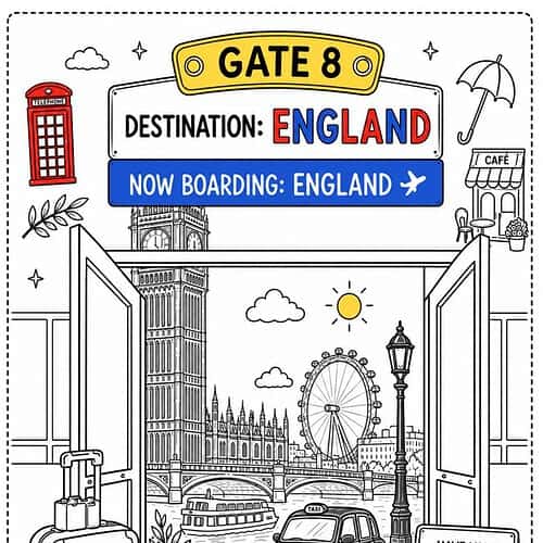 Illustration of a travel scene with a gate sign reading Gate 8, destination England, London landmarks like Big Ben and London Eye, a car, a suitcase, and a boarding pass board sign.