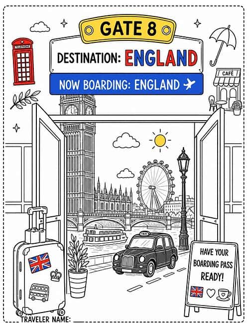 Gate 8: England Destination Illustration of a travel scene with a gate sign reading Gate 8, destination England, London landmarks like Big Ben and London Eye, a car, a suitcase, and a boarding pass board sign.